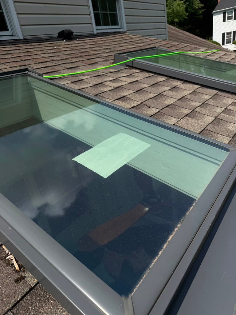 Dirty skylight glass with a cleaned test patch showing the difference, Bucks County