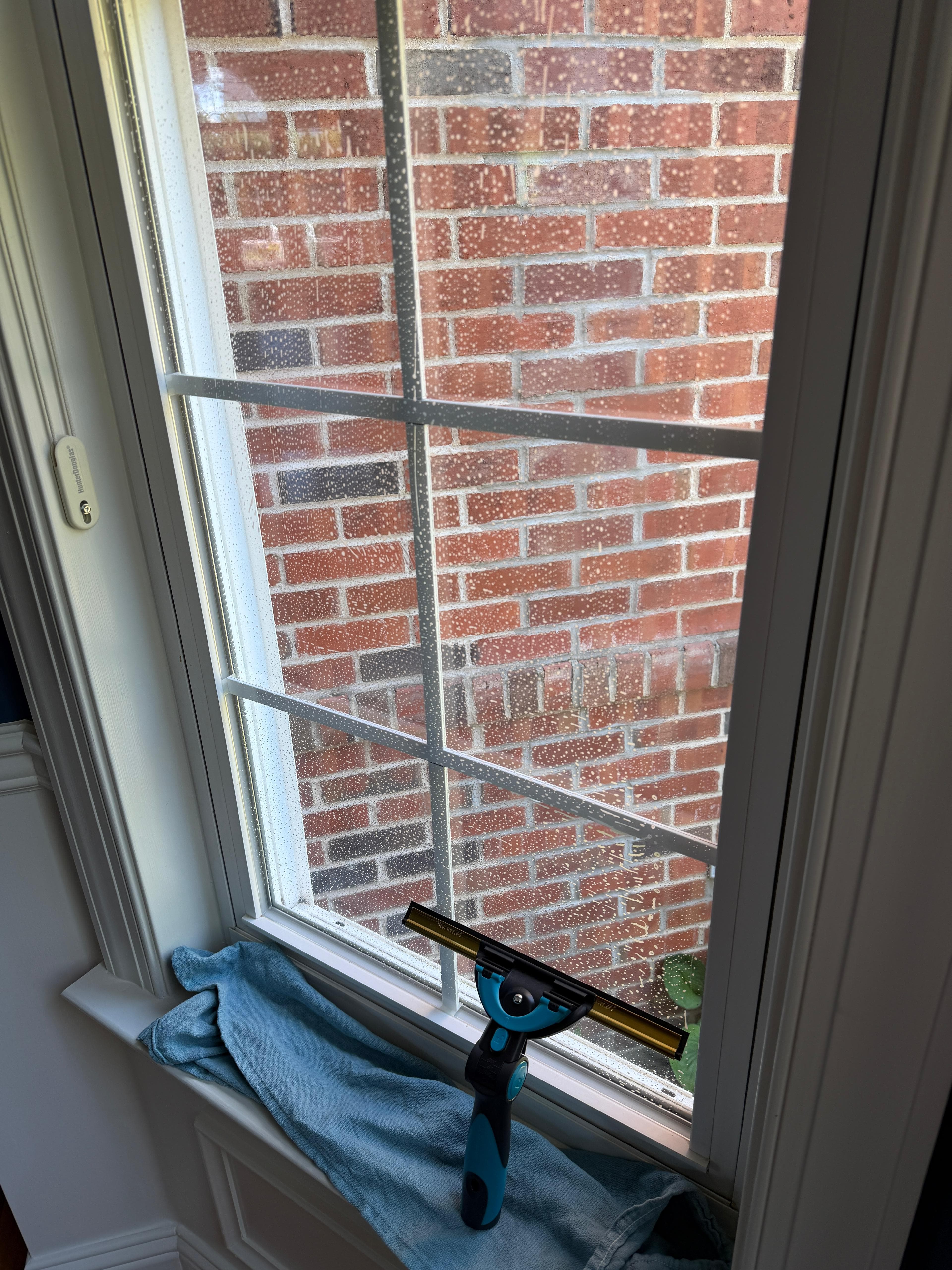 Squeegee cleaning interior window glass in a Bucks County home